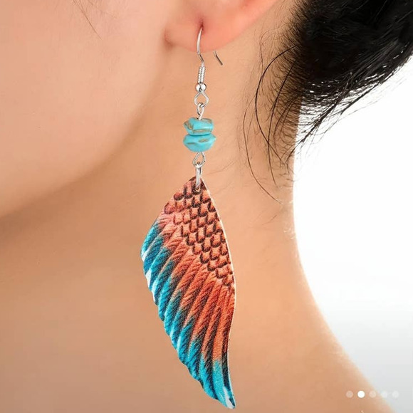 Leather Wing Drop Earrings Two Tone Metal Pattern Dangle Earrings - Picture 1 of 6